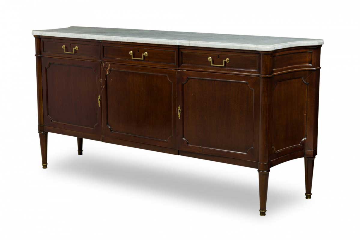 Maison jansen mid century french 3 drawer shaped chest with white marble top